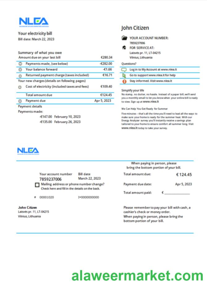 Lithuania National Lithuanian Energy Association utility bill Word and PDF template